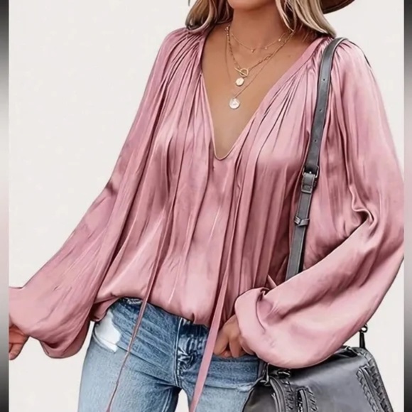 Luxe Satin Neck Tie Lantern Long sleeve Blouse - Picture 11 of 13